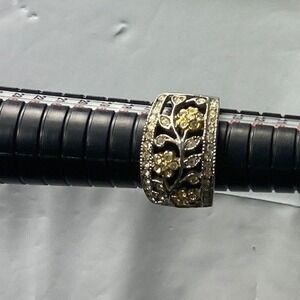 Vintage Floral Etched Ring‎ Silver Tone Gold Accents Women Size 7